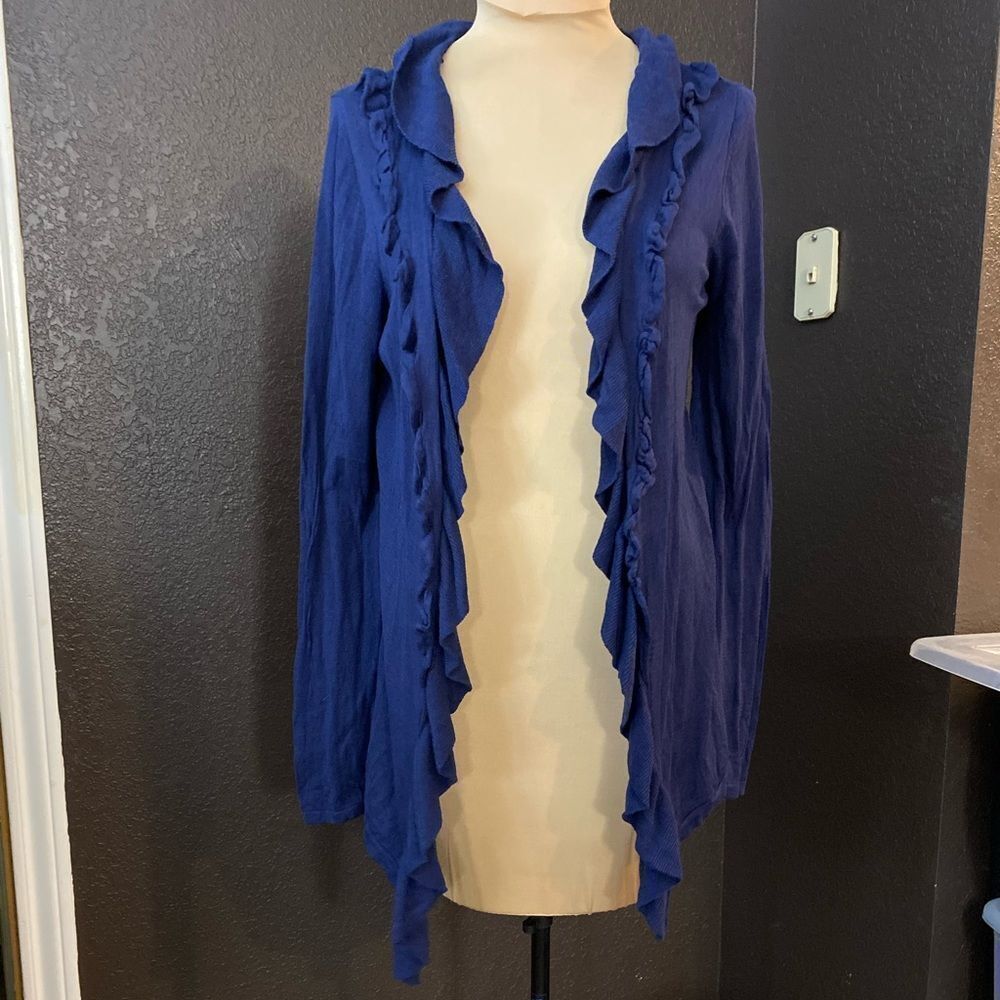 Ann Taylor navy academia ruffle shawl collar open front fine knit silk cardigan - Picture 7 of 7